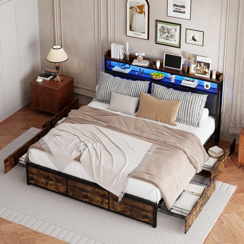 Bett 160 x 200 cm – Kingsize-Bett mit Kopfteil mit Ablage & RGB-LED, 4 Schubladen und Metallrahmen – Industrial-Stil – Holzoptik & Schwarz