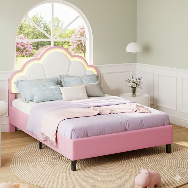 Bett 140 x 200 cm – Kinderbett 140 x 200 – Prinzessinnenbett für Mädchen mit Krone, Lattenrost, Kopfteil und verstellbaren LEDs – Samt – Rosa