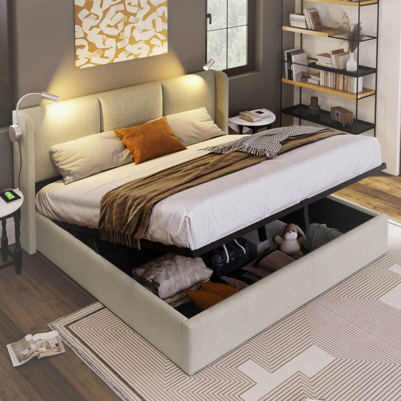 Polsterbett 160x200cm, Doppelbett mit Kopfteil, Lattenrost, Leselampe mit USB-Aufladung, Stauraum, Bettrahmen, Polsterbett, Jugendbett - Beige
