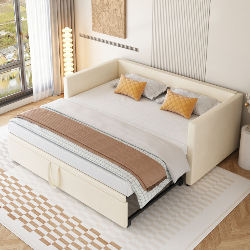Ausziehbares Bett 90/180x200 cm, gepolstertes Ausziehbett mit Lattenrosten, multifunktionales Bett im modernen Stil, Velours - Beige