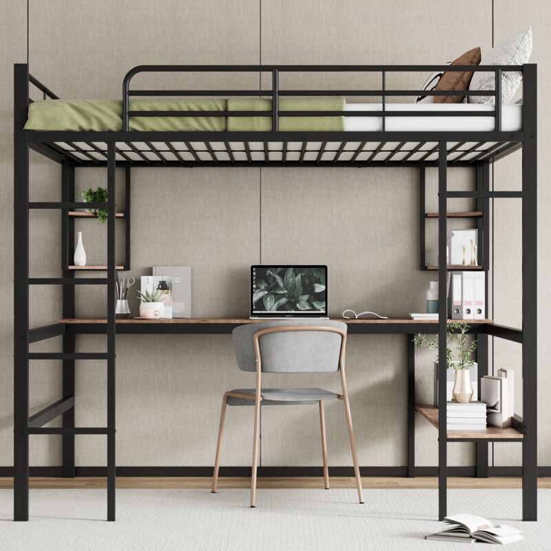 Lit mezzanine enfant 140x200cm, avec bureau et 4 petites étagères, 1 cloison pour rangement, escalier, cadre de lit en métal, lit ado style