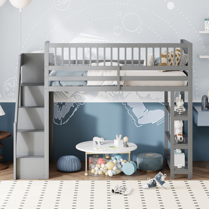 Lit mezzanine enfant 90 x 200cm - Escalier avec rangements, haute balustrade, sommier à lattes, avec penderie, lit adulte pour ado, style
