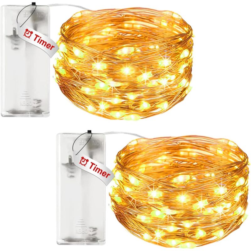 litogo 2er-Pack kleine, batteriebetriebene Lichterkette mit Timer, 3 m, 30 LEDs aus Kupferdraht, batteriebetriebene LED-Lichterkette (AA-Batterien)