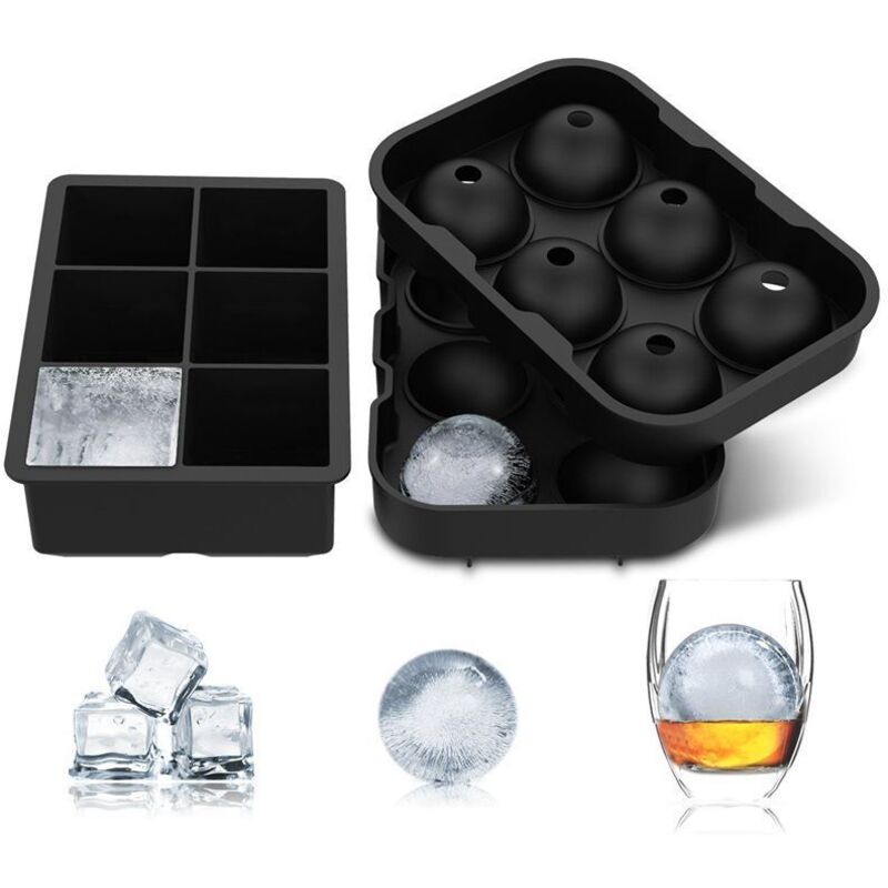 2er-Pack große Eiswürfelformen aus Silikon mit Deckel, 1 quadratische Eiswürfelform und 1 Eisballform für Cocktails, Mojito, Whisky, Babynahrung,