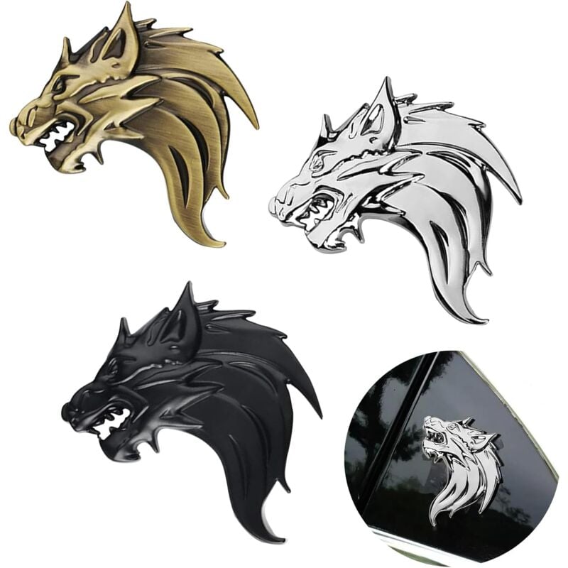 Lntyq 3-teiliger 3D-Autoaufkleber mit Wolfskopf aus Metall, 3D-Autoaufkleber aus Metall, Wolfskopfaufkleber, stilvoll und cool, zur Autodekoration