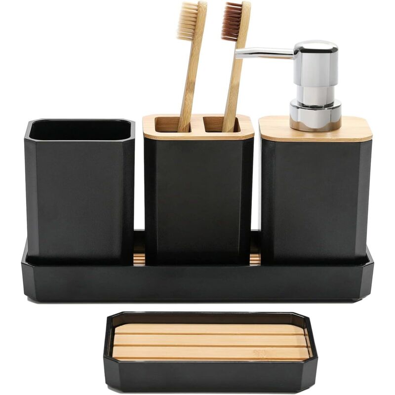 5-teiliges Badezimmer-Zubehör-Set, Badezimmer-Accessoires als Geschenk, Seifenspender, Teller, Bohemian-Stil, modernes Dekor (schwarz) - Lntyq