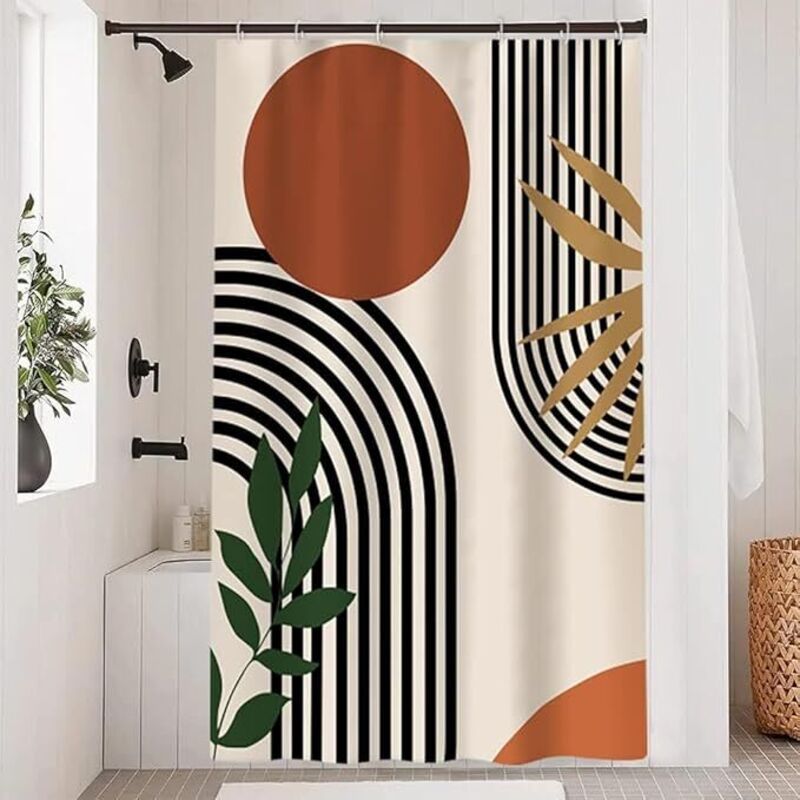 Abstrakter Duschvorhang, Duschvorhang Terrakotta, geometrische schwarze Linien, moderner minimalistischer Badevorhang, schimmelresistent,