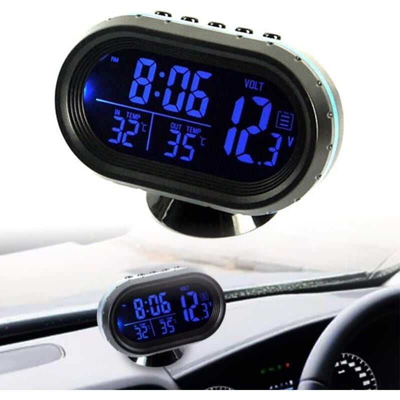Autouhr, Digitaluhr Thermometer Voltmeter Wecker LCD-Thermometer aus gehärtetem Glas mit LCD-Anzeige für Temperatur/Zeit - Lntyq