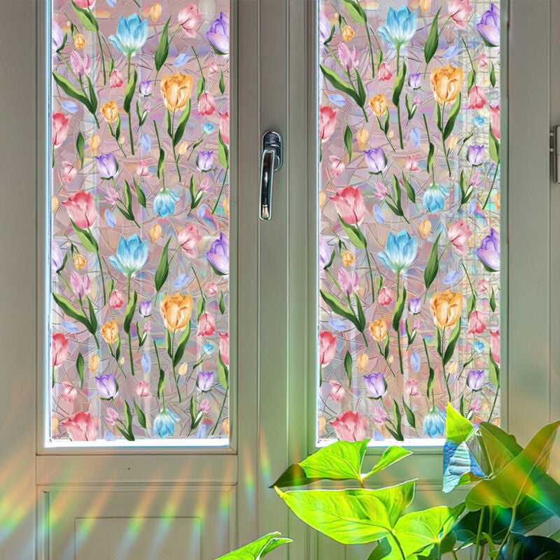 Lntyq - Buntglasfolie, statisches Blumenmuster, Regenbogen-Fensterfolie, wiederverwendbar, dekorative Fensterfolie, nicht klebende Sichtschutzfolie