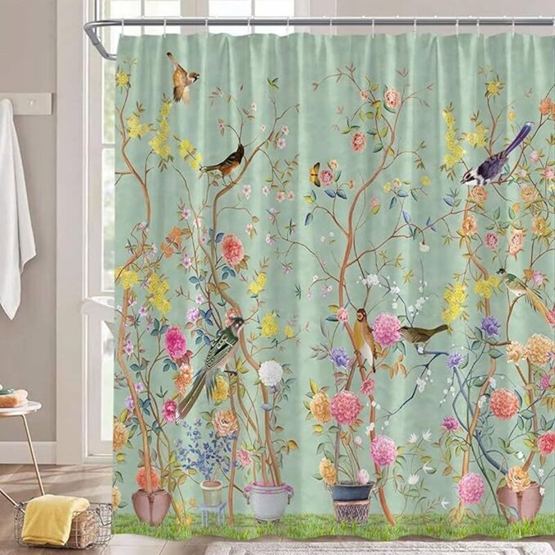 Duschvorhang mit grünem Blumenvogel, 180 x 180 cm, Duschvorhang aus schimmelresistentem Stoff, wasserdicht, schnelltrocknend, Polyester, Badevorhang