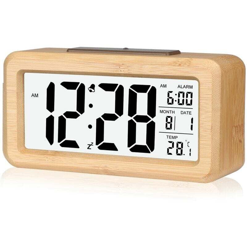 Einfach einzustellender digitaler Bambus-Wecker mit Temperatur, digitaler Wecker, für Schlafzimmer - Lntyq