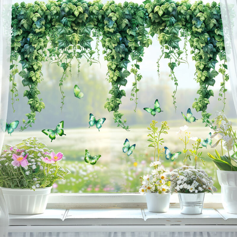 Lntyq Fensteraufkleber mit grünen Blättern und Pflanzen, 58,4 x 27,9 cm, Fensteraufkleber mit grünen Blättern und Pflanzen, wiederverwendbare