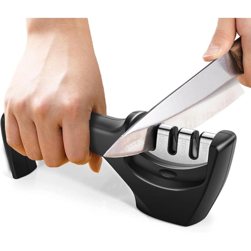 Lntyq - Messerschärfer, professioneller manueller Schärfer mit 3 Ebenen, Keramikstein, Wolframkarbid, Diamant-Schleifsteine, Küchenmesser-Zubehör