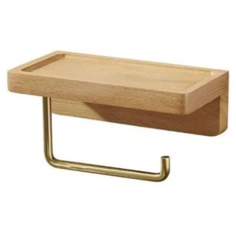 Porte Papier Toilette Double Installation Bois Massif Hêtre Dérouleur Support Papier wc Mural Auto-adhésif Coins Arrondis Porte Rouleau de Papier