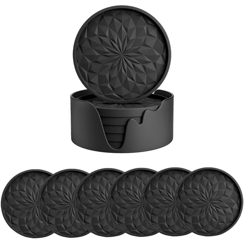 Silikon-Untersetzer mit Halter, 6er-Set, Untersetzer für heiße oder kalte Getränke, dick, rutschfest, antihaftbeschichtet, tiefes Tablett, schwarz