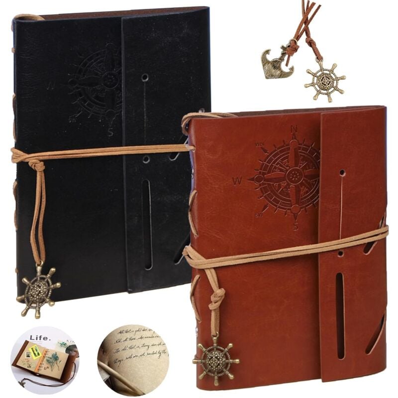 Lntyq - Stück Vintage-Leder-Tagebuch, Vintage-Ring-Notizbuch, geprägtes Reisetagebuch, Vintage-Kraft-Notizbuch mit leeren Seiten, für