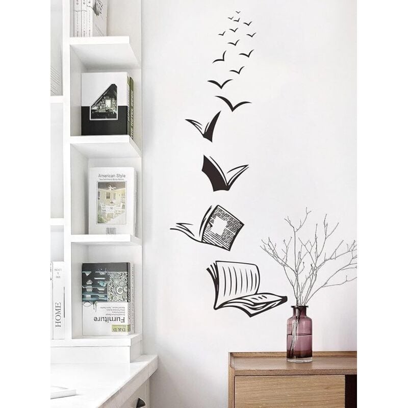 Lntyq Wandtattoo Fliegende Bücher in schwarz I Wandsticker Jugendzimmer für Mädchen und Jungen, coole Lektüre I Dekorativer Wandsticker fürs
