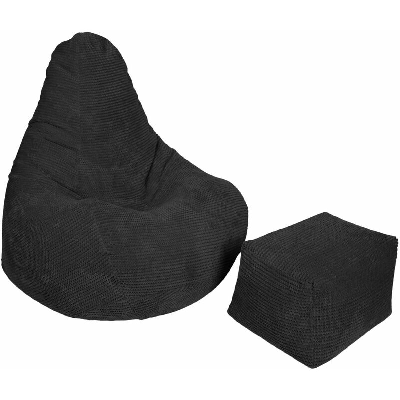 Sitzsack für Erwachsene mit Fußhocker, Cord-Sitzsack für das Wohnzimmer, Relax-Gaming-Sitzsack mit hoher Rückenlehne und Fußhocker - Schwarz