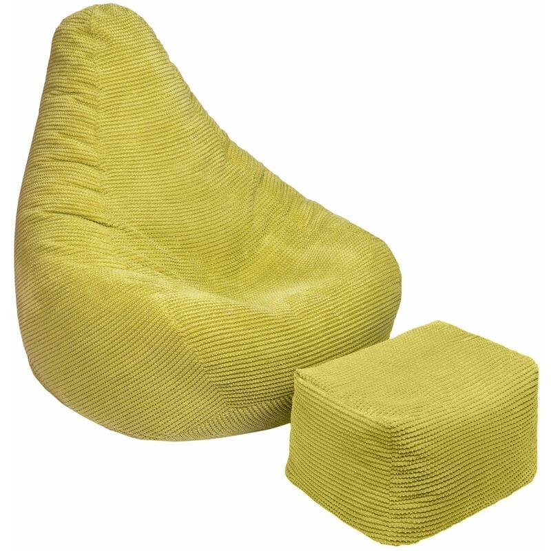 Sitzsack für Erwachsene mit Fußhocker, Cord-Sitzsack für das Wohnzimmer, Relax-Gaming-Sitzsack mit hoher Rückenlehne und Fußhocker - Limette