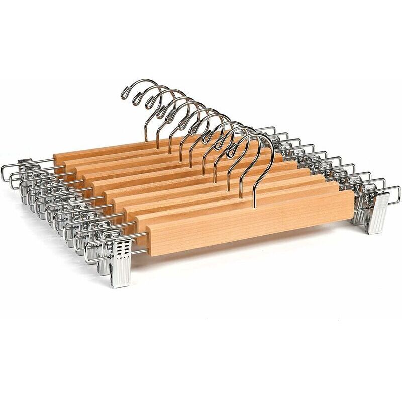 10er-Pack Kleiderbügel aus Naturholz, 36 cm, für Hosen, Röcke, Socken, Unterwäsche, rutschfeste Kleiderbügel mit Clips