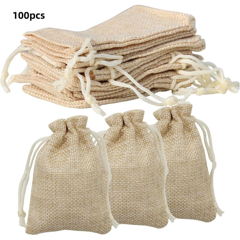 100er-Pack beige Jutesäckchen (7 x 9 cm) mit Kordelzug, Geschenkbeutel mit Kordelzug für Schmuck/Kosmetik/Gewürze/Basteln