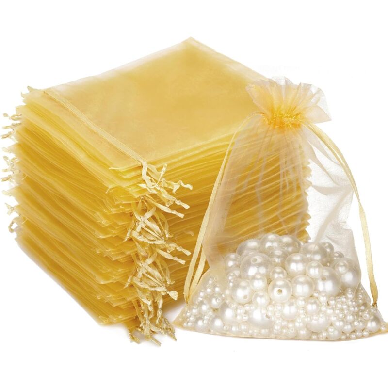 100 Stück (7 x 9 cm) goldene Organza-Geschenkbeutel, Schmuckbeutel, Lavendelbeutel, geeignet für Schmuckgeschenke, Süßigkeiten, Hochzeit