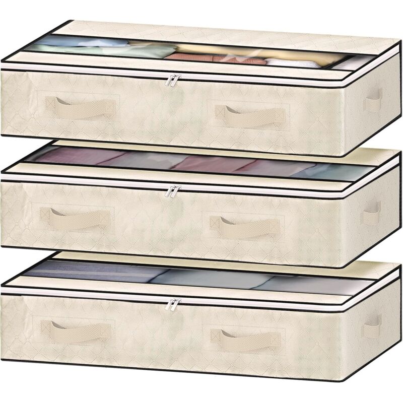 3er-Set Aufbewahrungsboxen für unter das Bett, 90 l, faltbare Taschen mit Griffen, Reißverschluss und Sichtfenster für Kleidung und Bettdecken (Beige)
