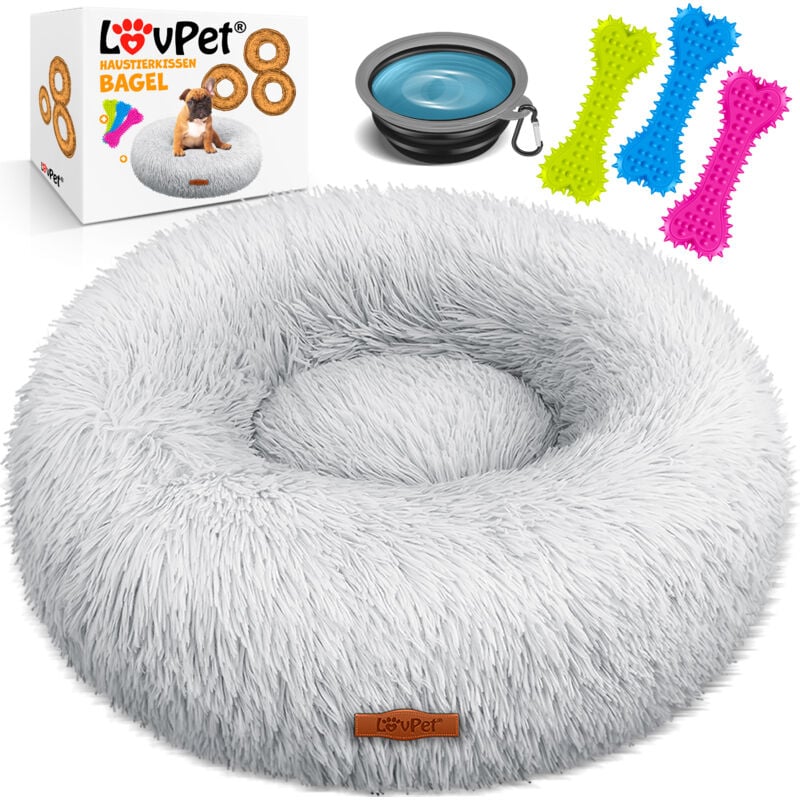 Hundebett Hundekissen Katzenbett Bagel Waschbar Inkl. Napf + 3x Kauknochen Hundesofa flauschig Kissen Rund aus Plüsch für Kleine Hellgrau / 4XL (120