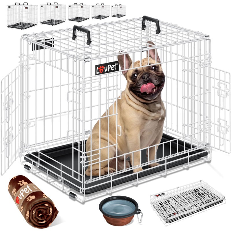 Hundekäfig klappbar Hundetransportkäfig Inkl. Fleecedecke + Napf Hundebox mit 2 Türen Transportkäfig Auto Tiertransportbox Hundetransportbox Weiß / s