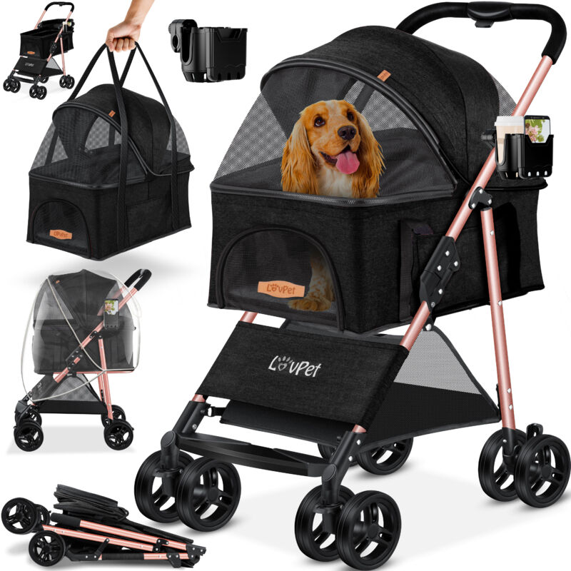 Hundewagen 2in1 Hundebuggy Hundebox Transporttasche Faltbar klappbar bis 20 kg Haustiere Buggy mit Netzfenstern & Regenschutzabdeckung Jogger Schwarz