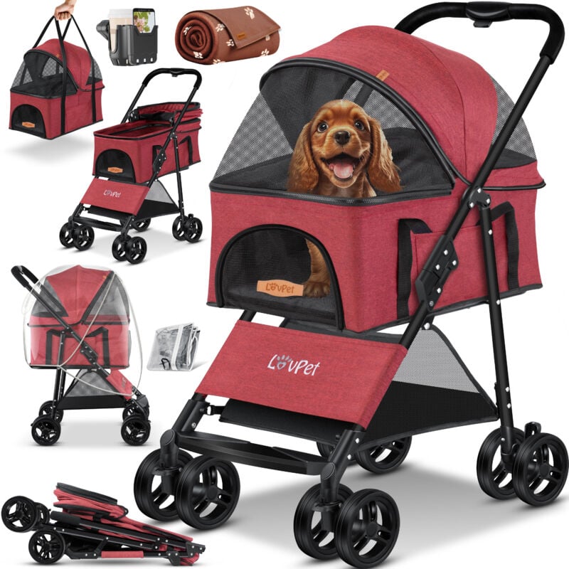Hundewagen 2in1 Hundebuggy Hundebox Transporttasche Faltbar klappbar bis 20 kg Haustiere Buggy mit Netzfenstern & Regenschutzabdeckung Jogger Rot