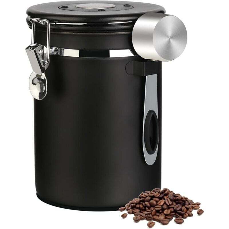 Luftdichte Edelstahl-Kaffeedose (1,8 l) mit Löffel, Datumsanzeige und CO2-Ablassventil für Bohnen, gemahlenen Kaffee, Tee, Mehl, Müsli und Zucker