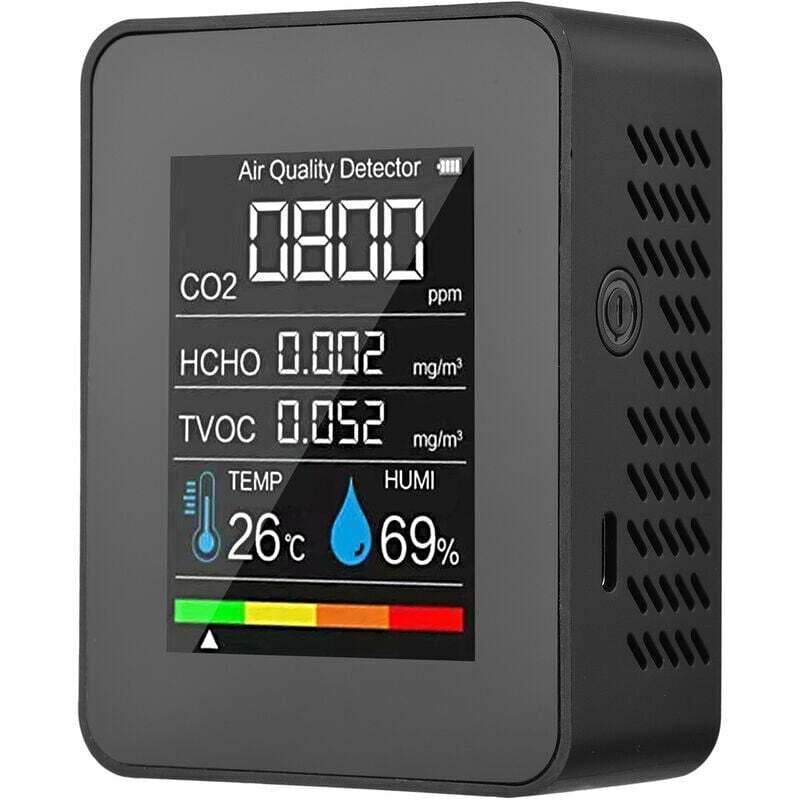 Luftqualitätsmonitor 5-in-1 Innen-CO2-Detektor HCHO TVOC Formaldehyd-Tester LCD-Temperatur-Feuchtigkeitstester Wiederaufladbares CO2-Alarmmessgerät
