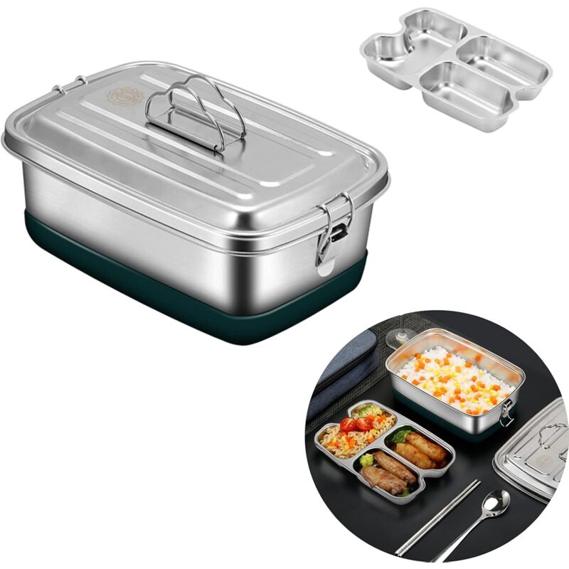 Lunchbox, Bento-Box, Bento-Box aus Edelstahl 304, große 2000-ml-Bento-Box mit 3 Fächern, Lunchbox aus Metall, für Picknick, Schule, Büro, Erwachsene,