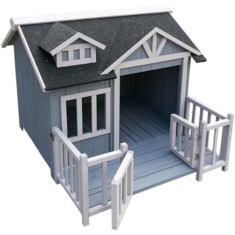 Wiltec Luxus xl Hundehütte 93,5 x 77,5 x 70 cm, grau weiß, Hundehaus aus Holz mit Veranda, Hundehöhle Outdoor für Balkon Garten Terrasse