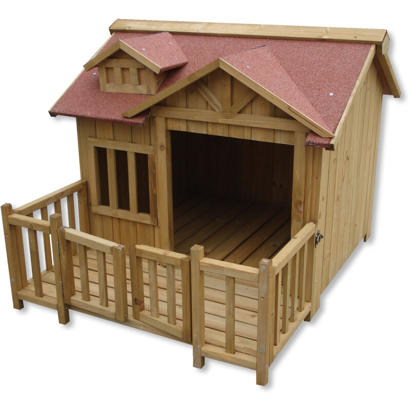Wiltec - Luxus xl Hundehütte 93,5 x 77,5 x 70 cm, braun, Hundehaus aus Holz mit Veranda, Hundehöhle Outdoor für Balkon Garten Terrasse