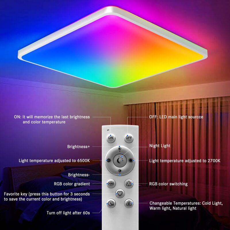 Comely - Dimmbare LED-Deckenleuchte, 24 w RGB-LED-Deckenleuchte, Smart-App-Deckenleuchte, Schlafzimmer, Wohnzimmer, 2400 lm, Alexa-Lampe mit