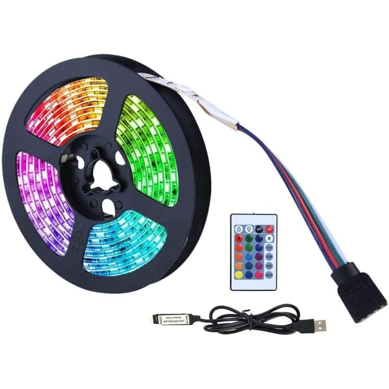 m langes LED-Band, 120 LEDs und 16 RGB, neonfarbener USB-heller LED-Streifen, 24-Tasten-Fernbedienung, 4 dynamische Modi, geeignet für Heimkino-TV,