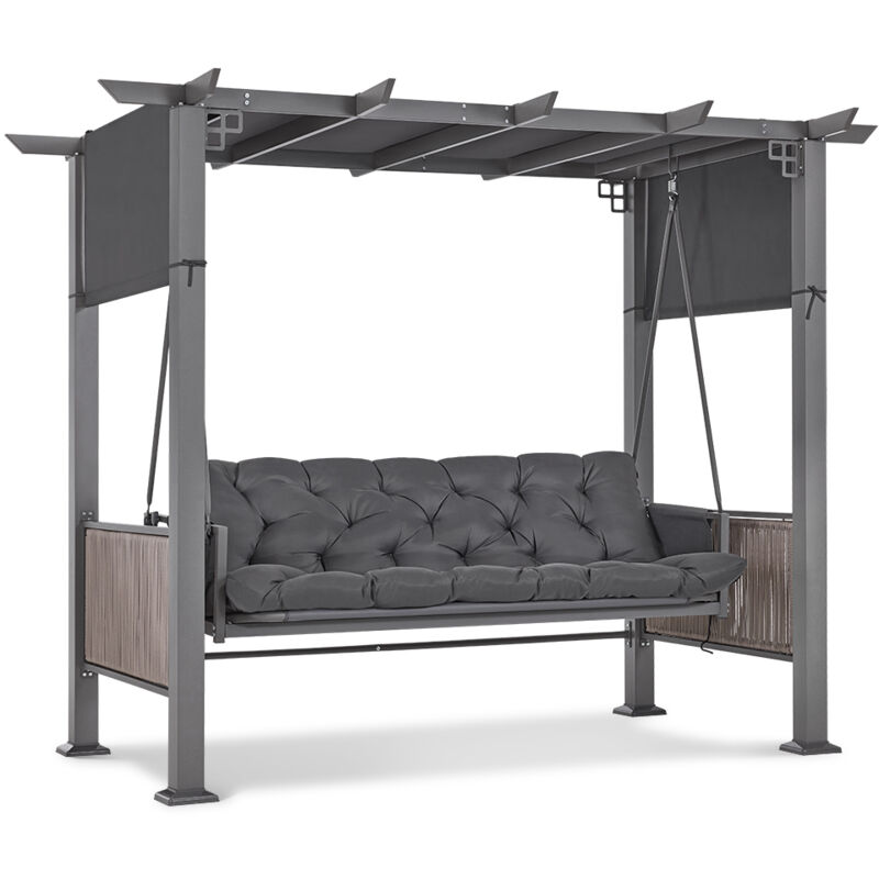 M MCombo 3-Sitzer Pergola Hollywoodschaukel mit Liegefunktion & Gartenpavillon, Gartenschaukel mit Ausziehbarem Sonnendach, Schaukelbank 4067 (grau)