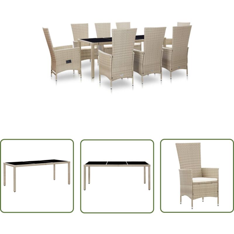 The Living Store 9-tlg. Garten-Essgruppe mit Auflagen Poly Rattan Beige - Esszimmerset - Gartenmöbel - Outdoor Möbel - Rattan Gartenmöbel