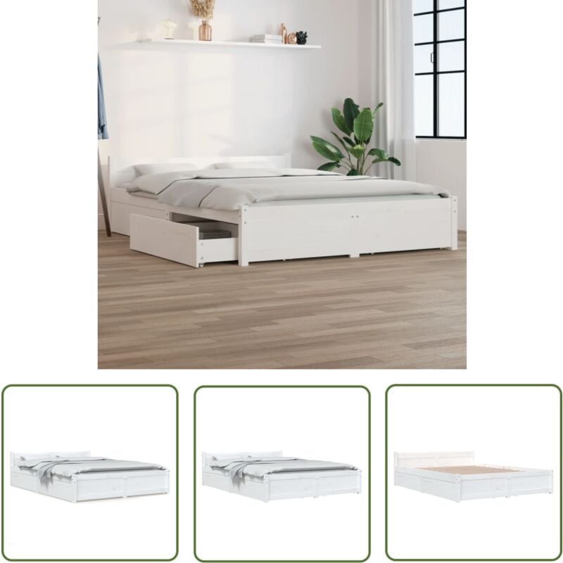 The Living Store Bett mit Schubladen Weiß 140x200 cm - Holzbett - Doppelbett - Weißes Bett - Bettgestell - Boxspringbetten
