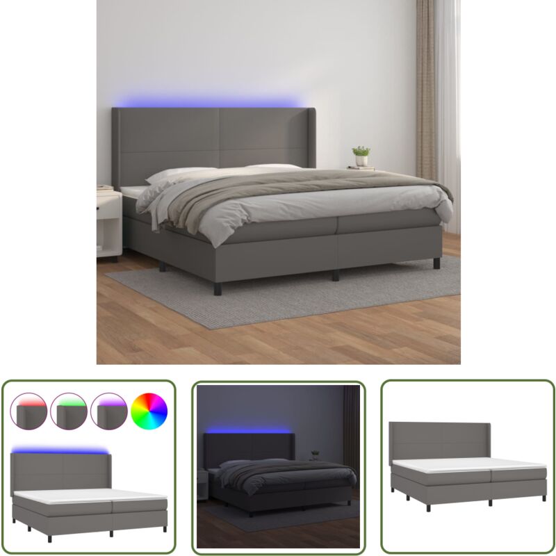 The Living Store Boxspringbett mit Matratze & led Grau 200x200 cm Kunstleder - Boxspringbett - Doppelbett - Bettenrahmen - Lederbetten - Luxusbett