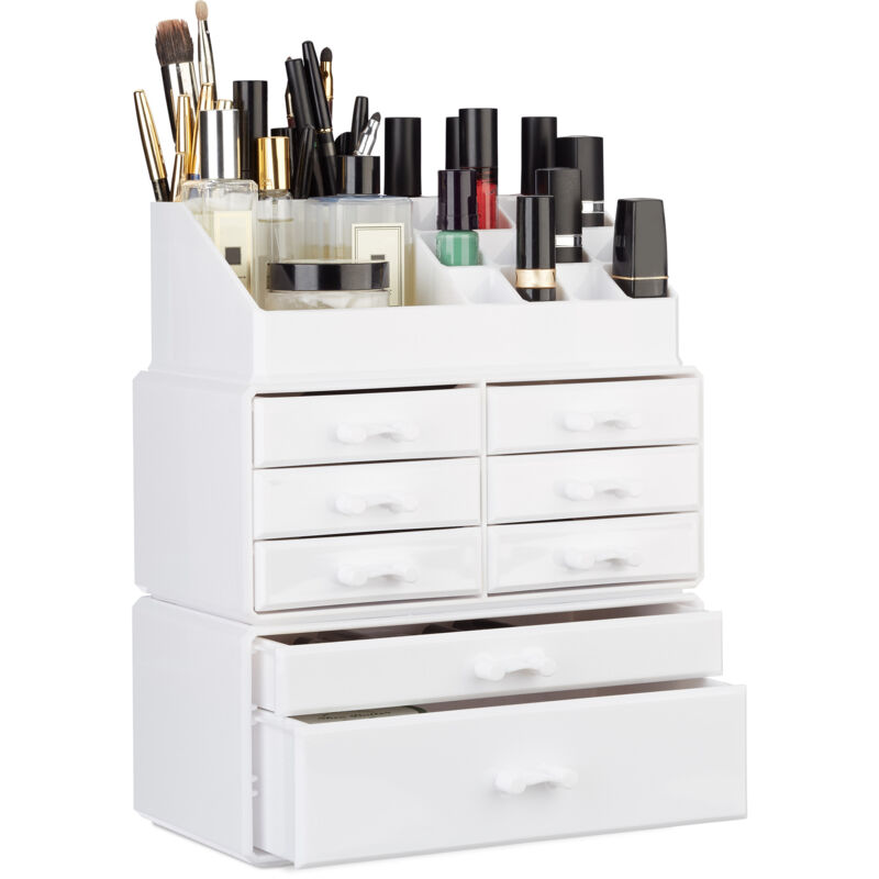 2 x Make Up Organizer mit Schubladen, stapelbares Kosmetikregal für Schmuck & Make Up, Schminkaufbewahrung, weiß