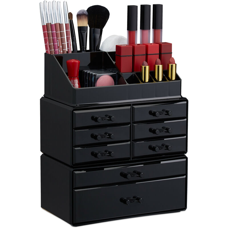 Relaxdays - Make Up Organizer mit Schubladen, stapelbarer Schmuckkasten für Make Up, Acryl Schminkaufbewahrung, schwarz