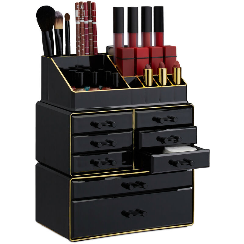 Relaxdays - Make Up Organizer mit Schubladen, stapelbarer Schmuckkasten Make Up, Acryl Schminkaufbewahrung, schwarz-gold