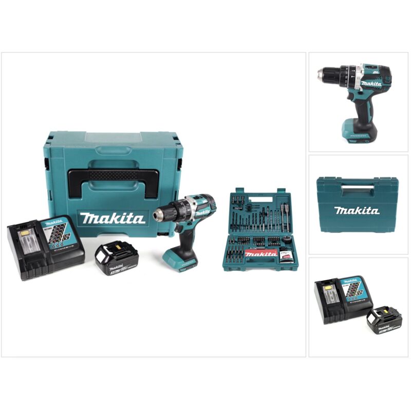 Makita DHP 484 RF1J 18V Li-ion Akku Schlagbohrschrauber im Makpac inkl. 3,0 Ah Akku und Ladegerät + Makita B-53811 Bit & Bohrer-Set 100-teilig