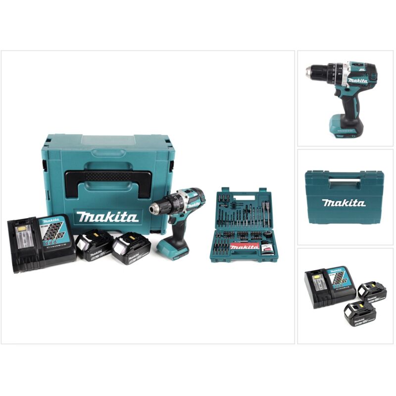 Makita DHP 484 RTJ 18V Brushless Li-Ion Akku Schlagbohrschrauber im Makpac inkl. 2x 5,0 Ah Akku und Ladegerät + Makita B-53811 Bit & Bohrer-Set
