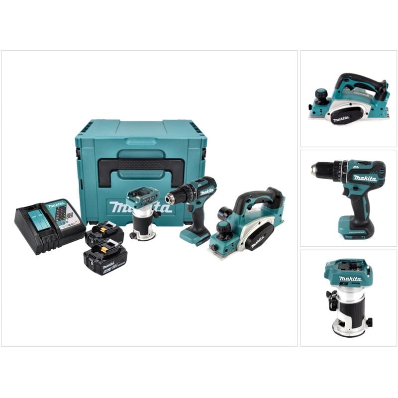 Makita - dlx 3116 tj Akku Combo Kit dhp 485 Akku Schlagbohrschrauber + dkp 180 Akku Hobel + drt 50 Akku Multifunktionsfräse + 2x Akku 5,0 Ah +