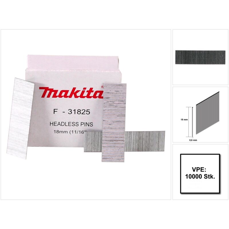 Stifte Pins 18 x 0,6 mm 10000 Stück ( F-31825 ) für Akku Pintacker DPT351 / DPT353 - Makita
