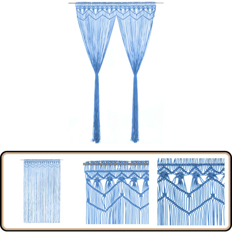 Makramee Vorhang Blau 140x240 cm Baumwolle - Makrameevorhang - Fenstergardine - Blauer Vorhang - Baumwollvorhang - Handgefertigter Vorhang